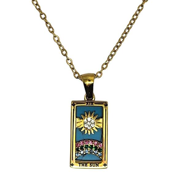 Gold Tone Stainless Steel Turquoise Crystal Tarot Card the Sun Pendant 16-18" - Picture 1 of 5